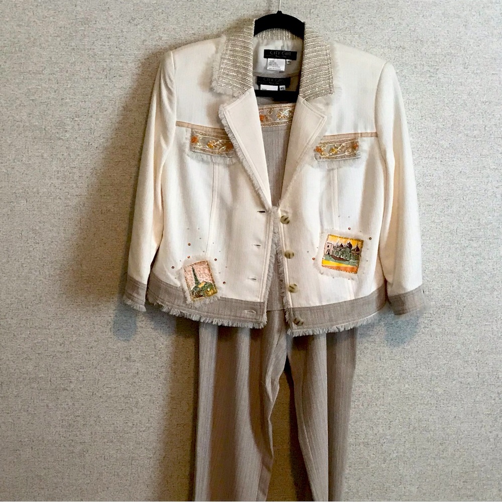 City Girl by Nancy Bolen 3 pc Woven Patchwork Fringe Rayon Suit Outfit Size PS